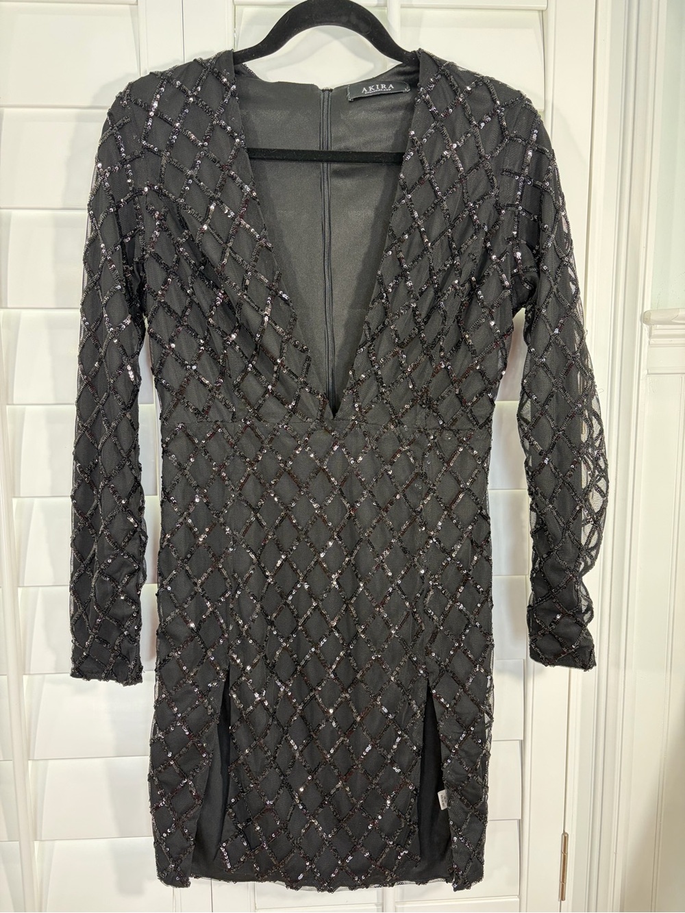 AKIRA Black Beaded Plunging V-neck Mini Dress (L)